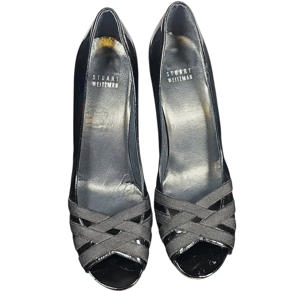 Stuart‎ Weitzman Black Patent Leather Heels Peep Toe Pumps Strappy Size 8